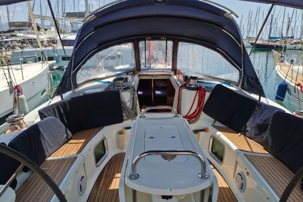 Cockpit of Spanaki II, a Jeanneau Sun Odyssey 45 sailboat at Athens, Greece