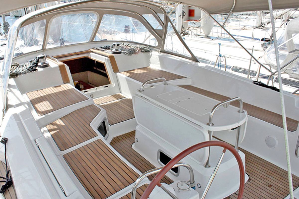 Deck of Zeus, a Jeanneau 53 sailboat at Lavreotiki Municipal Unit, Greece