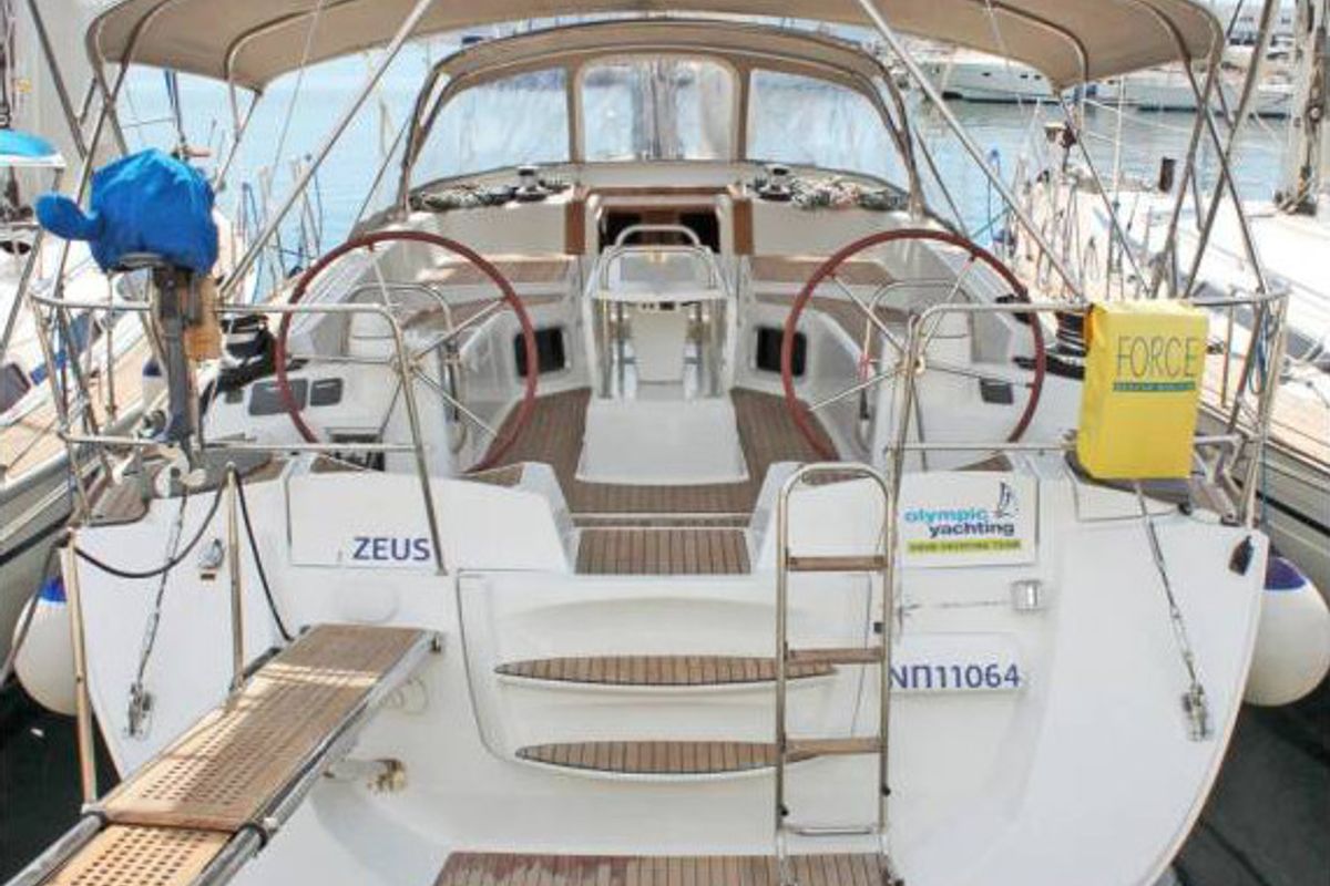 Exterior view of Zeus, a Jeanneau 53 sailboat at Lavreotiki Municipal Unit, Greece