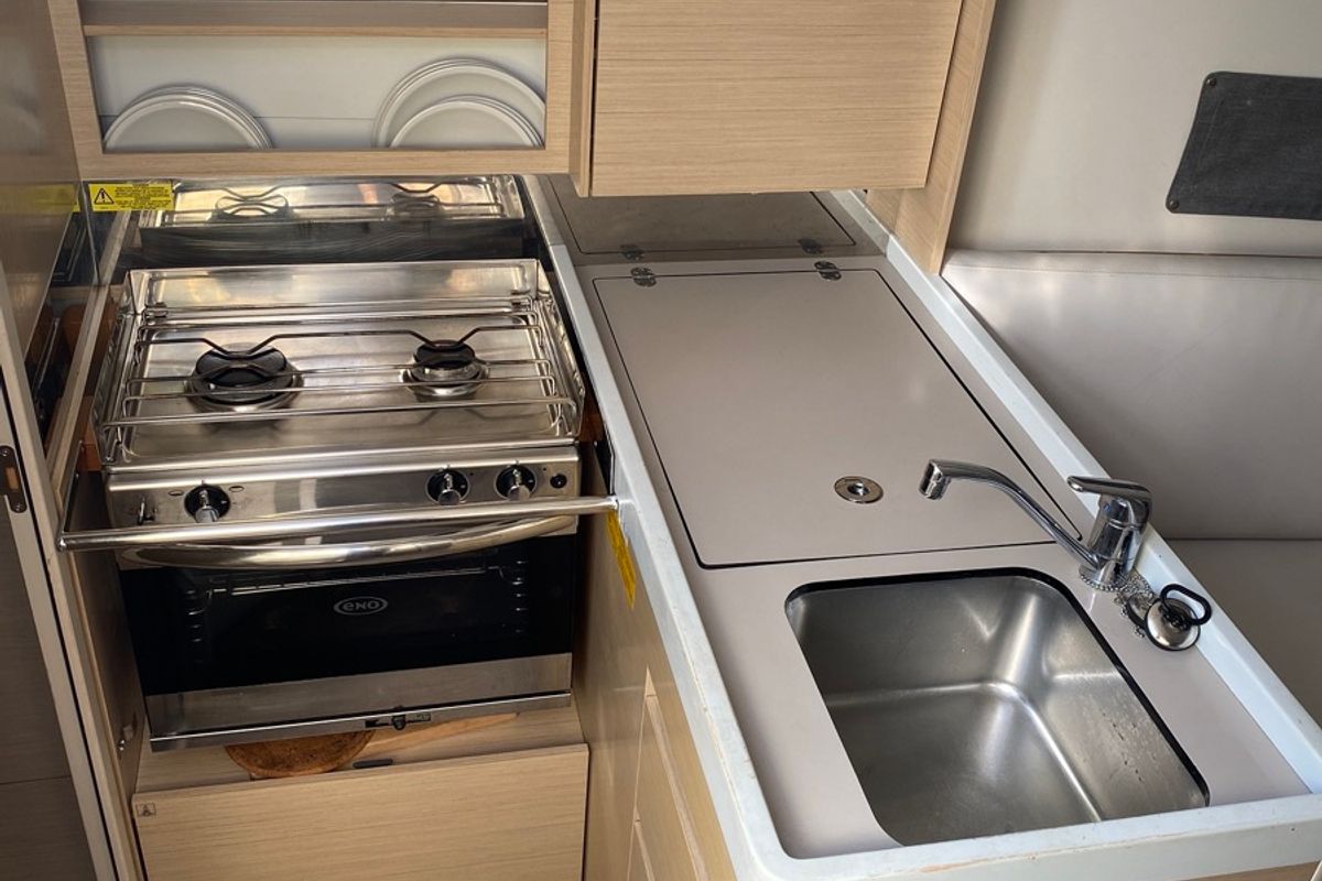 Galley of Carina, a Beneteau Oceanis 30.1 sailboat at Olbia, Italy