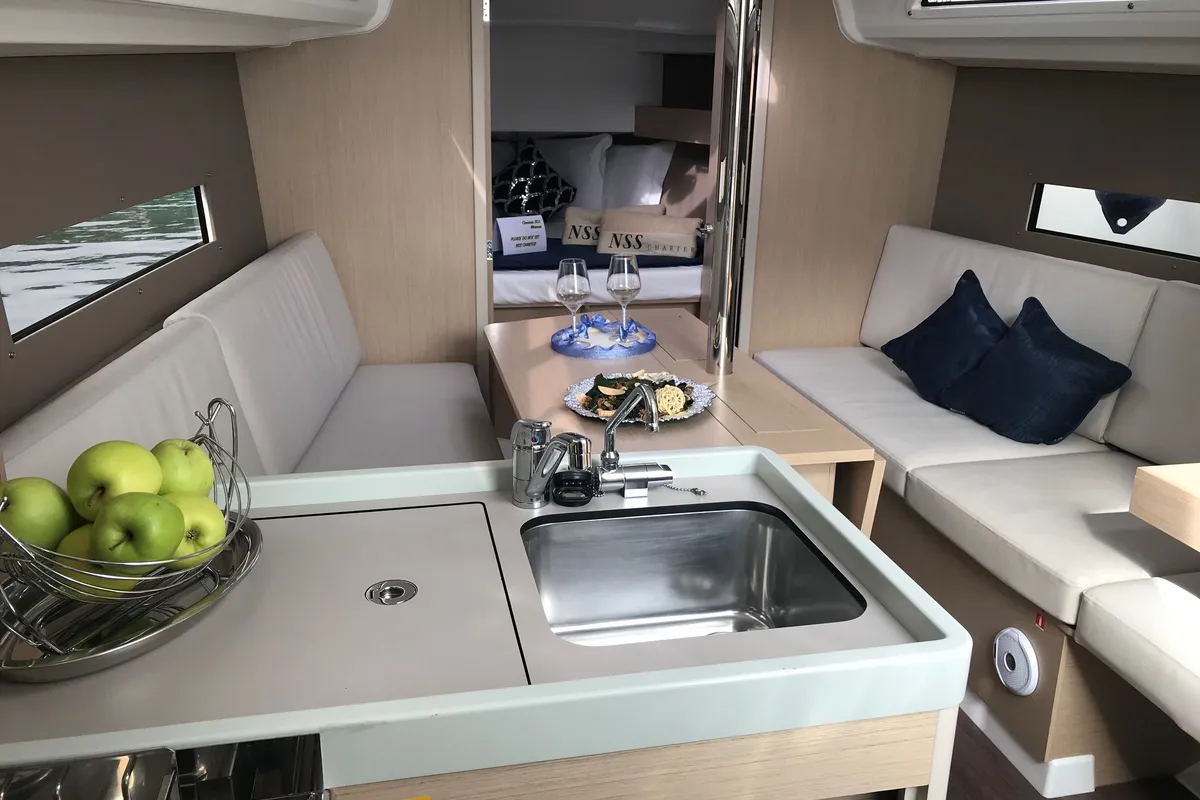 Salon of Carina, a Beneteau Oceanis 30.1 sailboat at Olbia, Italy