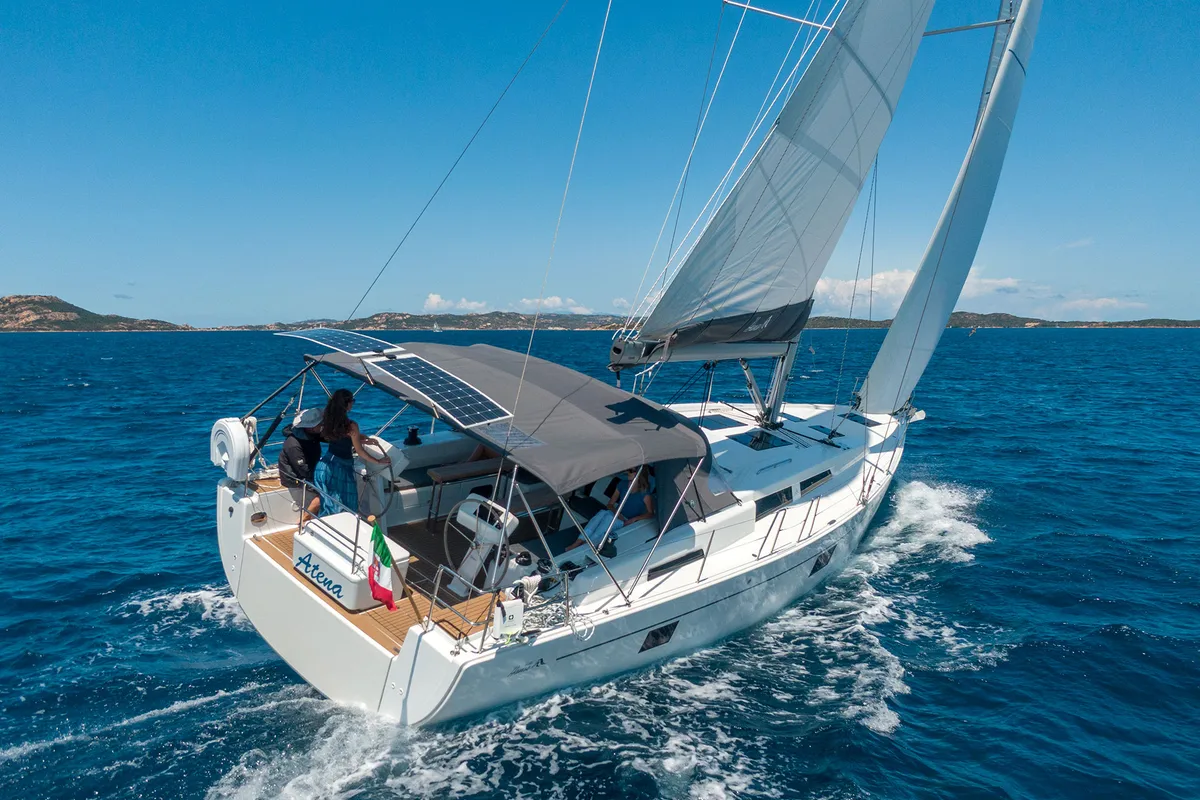 Exterior view of Atena - Water maker, Solar Panel, a Hanse Yachts Hanse 508 sailboat at Cannigione, Italy