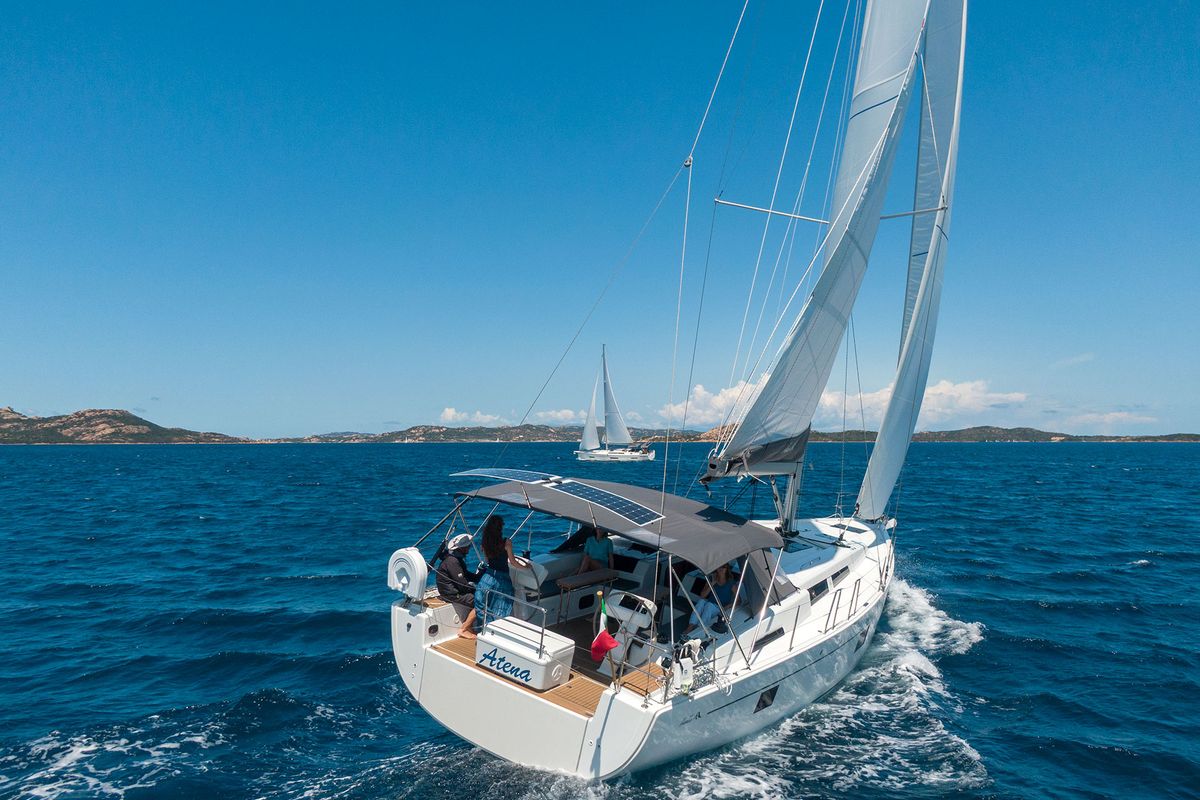 Exterior view of Atena - Water maker, Solar Panel, a Hanse Yachts Hanse 508 sailboat at Cannigione, Italy