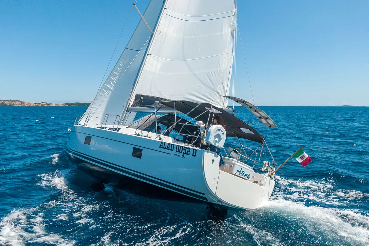 Exterior view of Atena - Water maker, Solar Panel, a Hanse Yachts Hanse 508 sailboat at Cannigione, Italy
