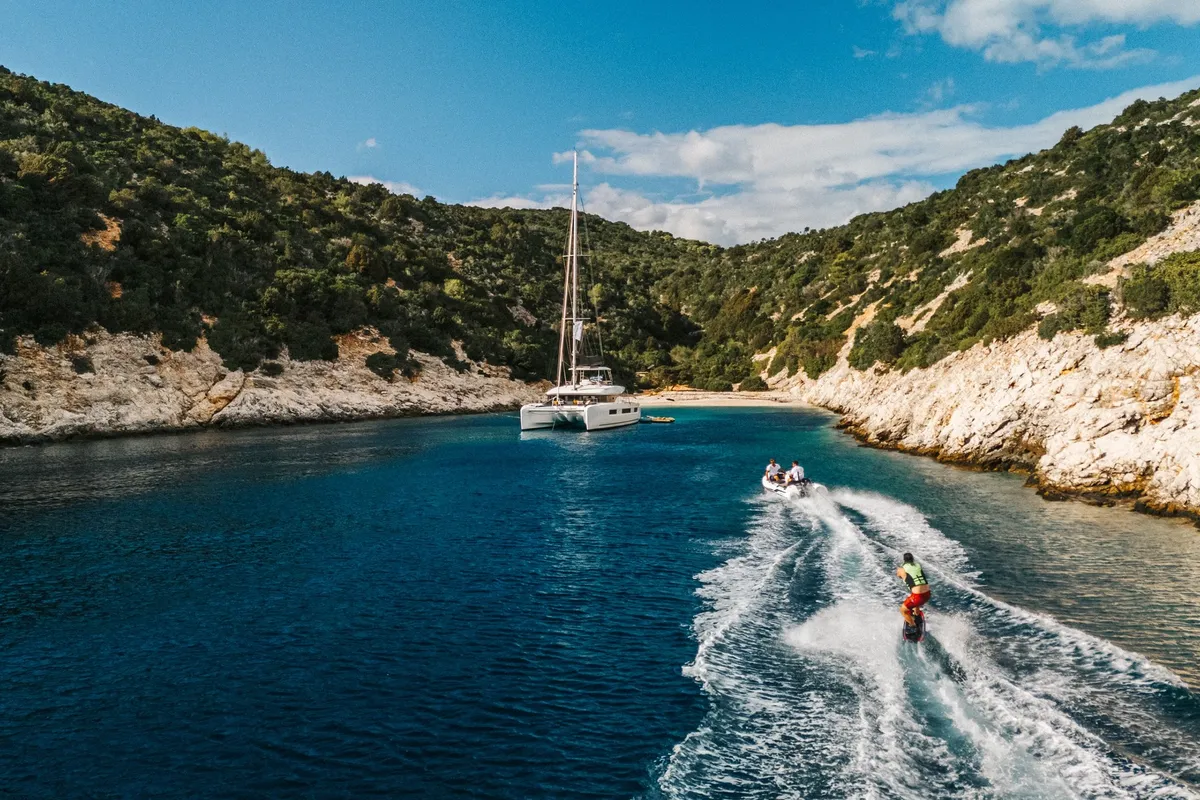 Exterior view of DOLCIA, a Lagoon 51 catamaran at Municipal Unit of Lefkada, Greece