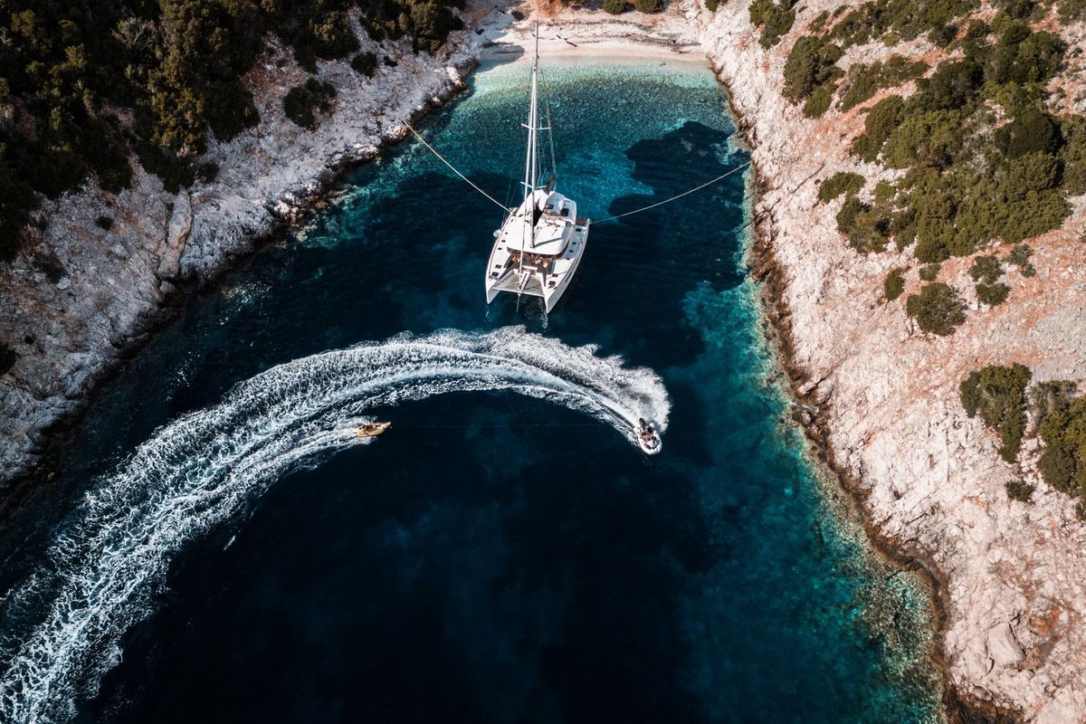 Exterior view of DOLCIA, a Lagoon 51 catamaran at Municipal Unit of Lefkada, Greece