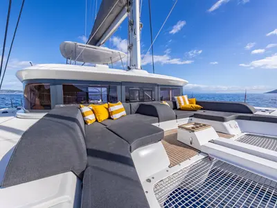 Deck of DOLCIA, a Lagoon 51 catamaran at Municipal Unit of Lefkada, Greece