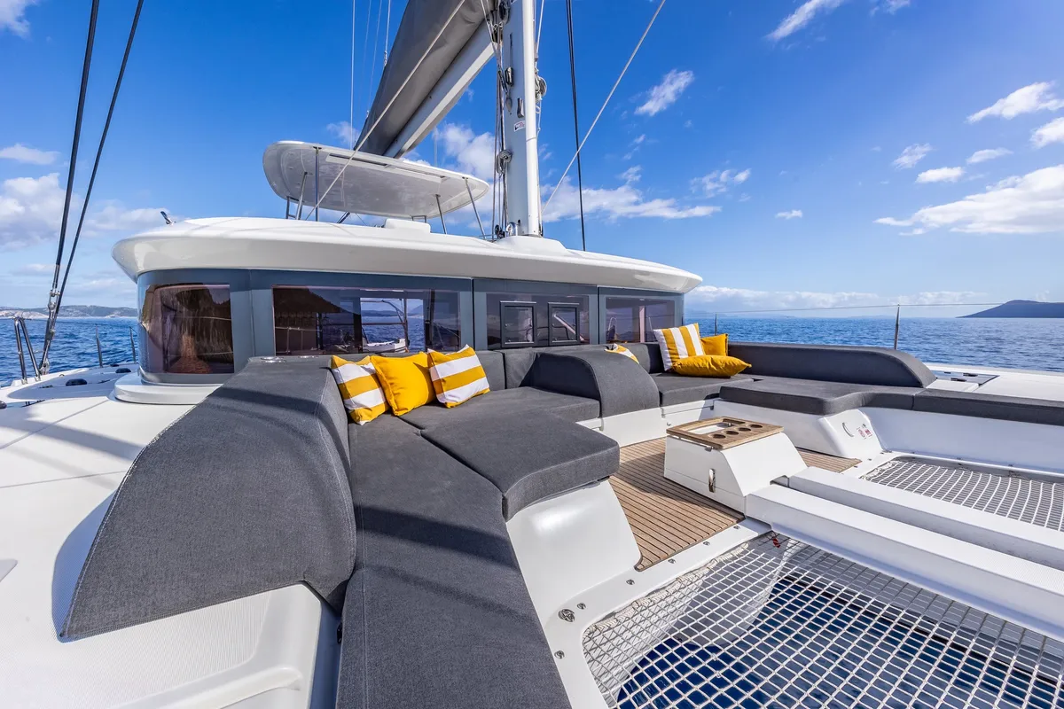 Deck of DOLCIA, a Lagoon 51 catamaran at Municipal Unit of Lefkada, Greece