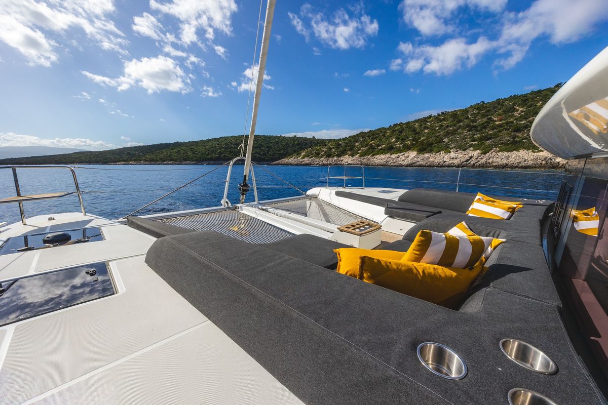 Deck of DOLCIA, a Lagoon 51 catamaran at Municipal Unit of Lefkada, Greece
