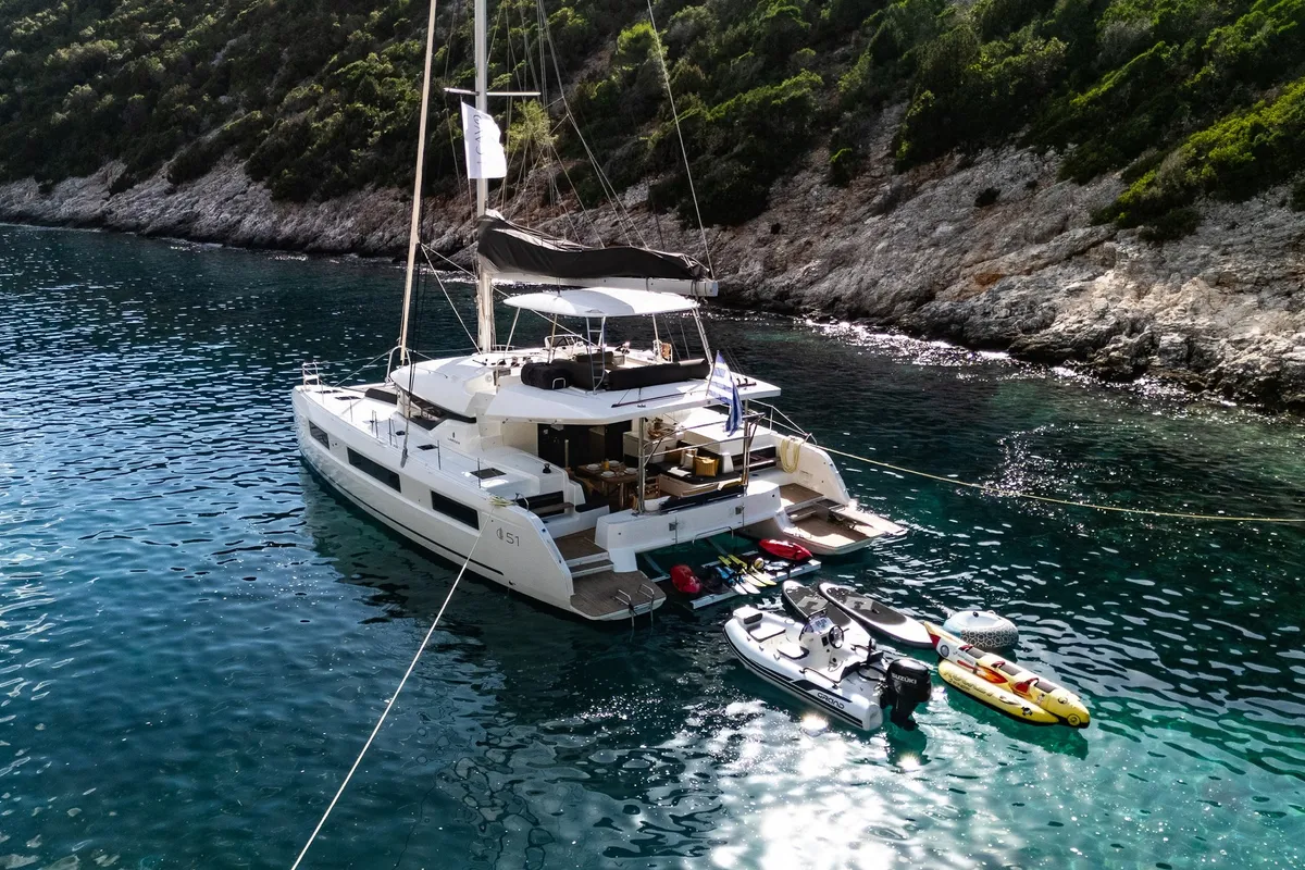Exterior view of DOLCIA, a Lagoon 51 catamaran at Municipal Unit of Lefkada, Greece