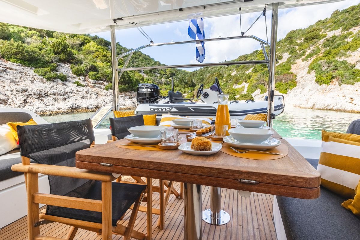 Deck of DOLCIA, a Lagoon 51 catamaran at Municipal Unit of Lefkada, Greece