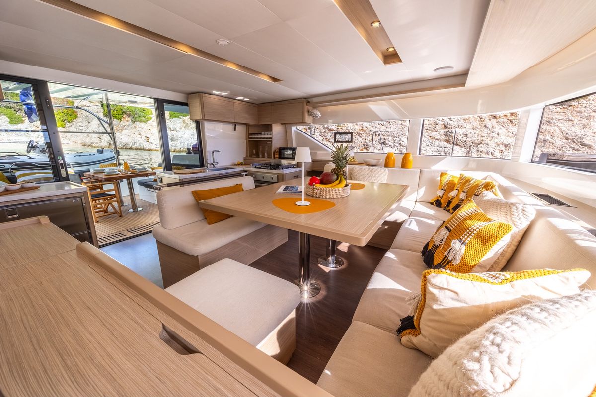 Salon of DOLCIA, a Lagoon 51 catamaran at Municipal Unit of Lefkada, Greece
