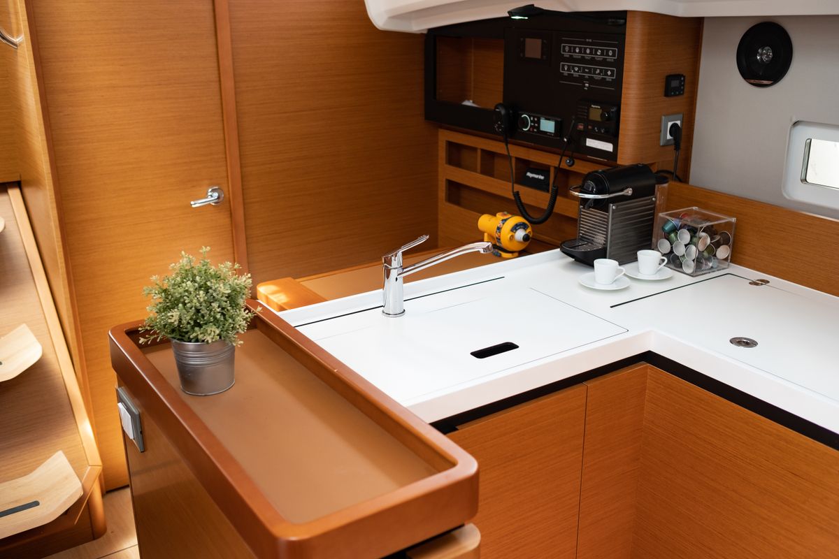 Galley of Elcano, a Jeanneau Sun Odyssey 410 sailboat at Municipal Unit of Lefkada, Greece