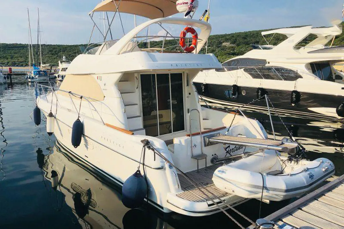 Exterior view of Fortuna, a Jeanneau Prestige 36 Fly yacht at Punat, Croatia