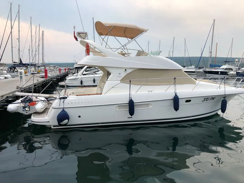Exterior view of Fortuna, a Jeanneau Prestige 36 Fly yacht at Punat, Croatia