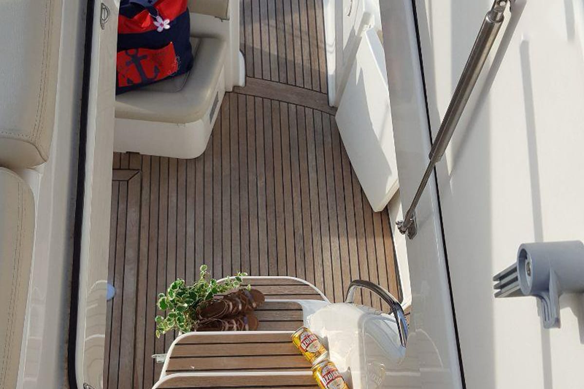 Cockpit of Fortuna, a Jeanneau Prestige 36 Fly yacht at Punat, Croatia