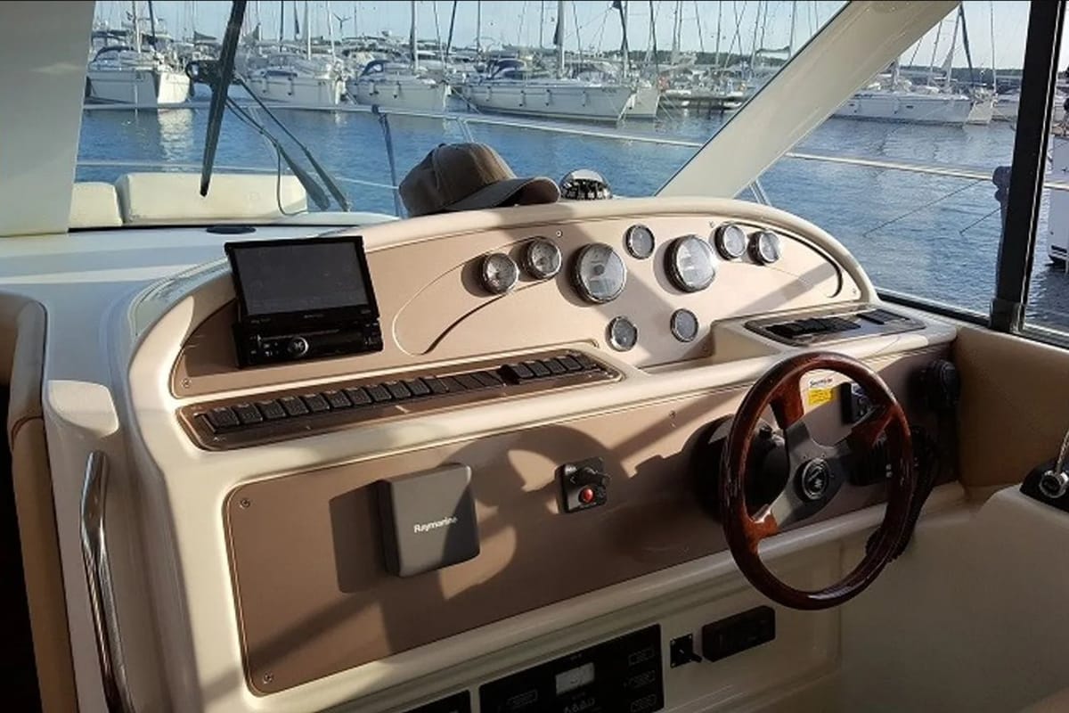 Cockpit of Fortuna, a Jeanneau Prestige 36 Fly yacht at Punat, Croatia