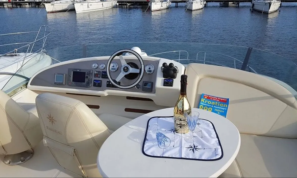 Cockpit of Fortuna, a Jeanneau Prestige 36 Fly yacht at Punat, Croatia
