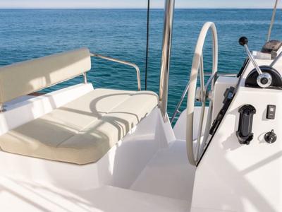 Cockpit of Zen, a Bali 4.6 catamaran at Cannigione, Italy