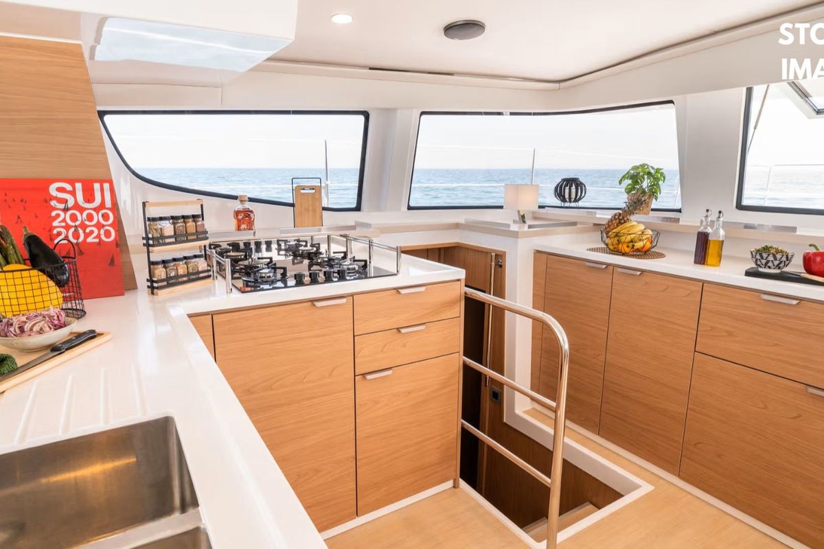 Galley of Zen, a Bali 4.6 catamaran at Cannigione, Italy