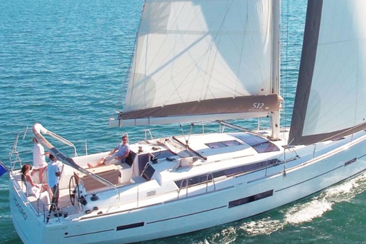 Exterior view of Jana, a Dufour 512 Grand Large sailboat at Cannigione, Italy