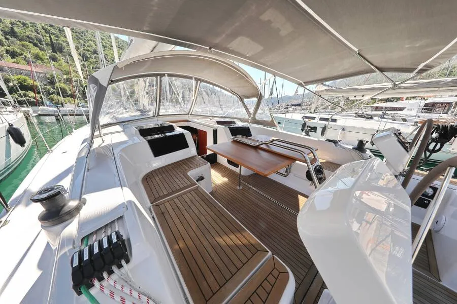 Deck of Lady Zrilla, a Hanse Yachts Hanse 458 sailboat at Grad Šibenik, Croatia