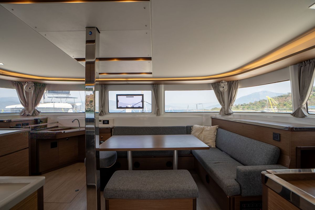 Salon of Dream Life, a Lagoon 46 catamaran at Fethiye, Turkey