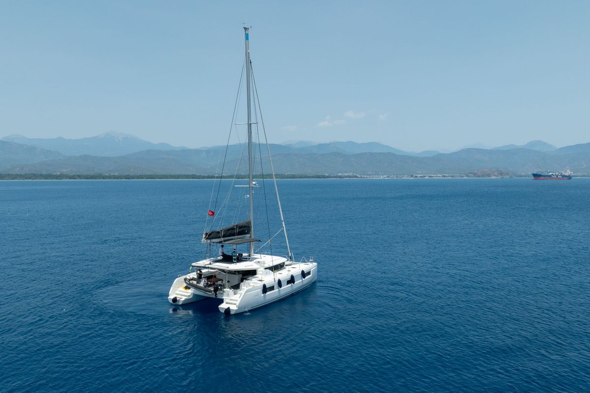 Exterior view of Dream Life, a Lagoon 46 catamaran at Fethiye, Turkey