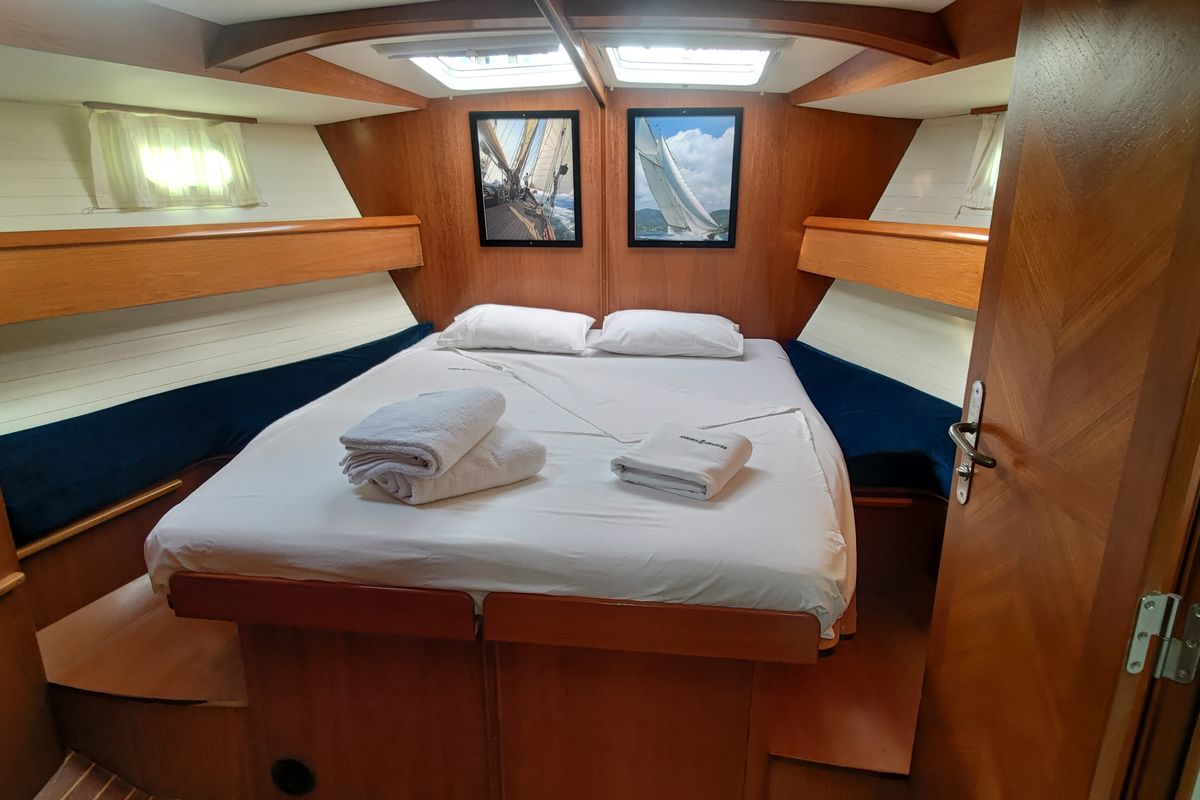 Cabin on Slow, a Jeanneau Sun Odyssey 52.2 sailboat at Roses, Spain