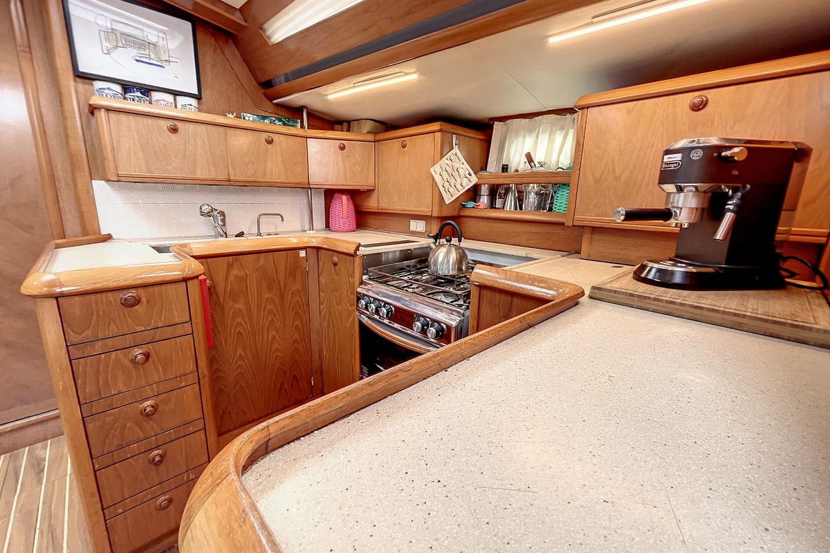 Galley of Slow, a Jeanneau Sun Odyssey 52.2 sailboat at Roses, Spain