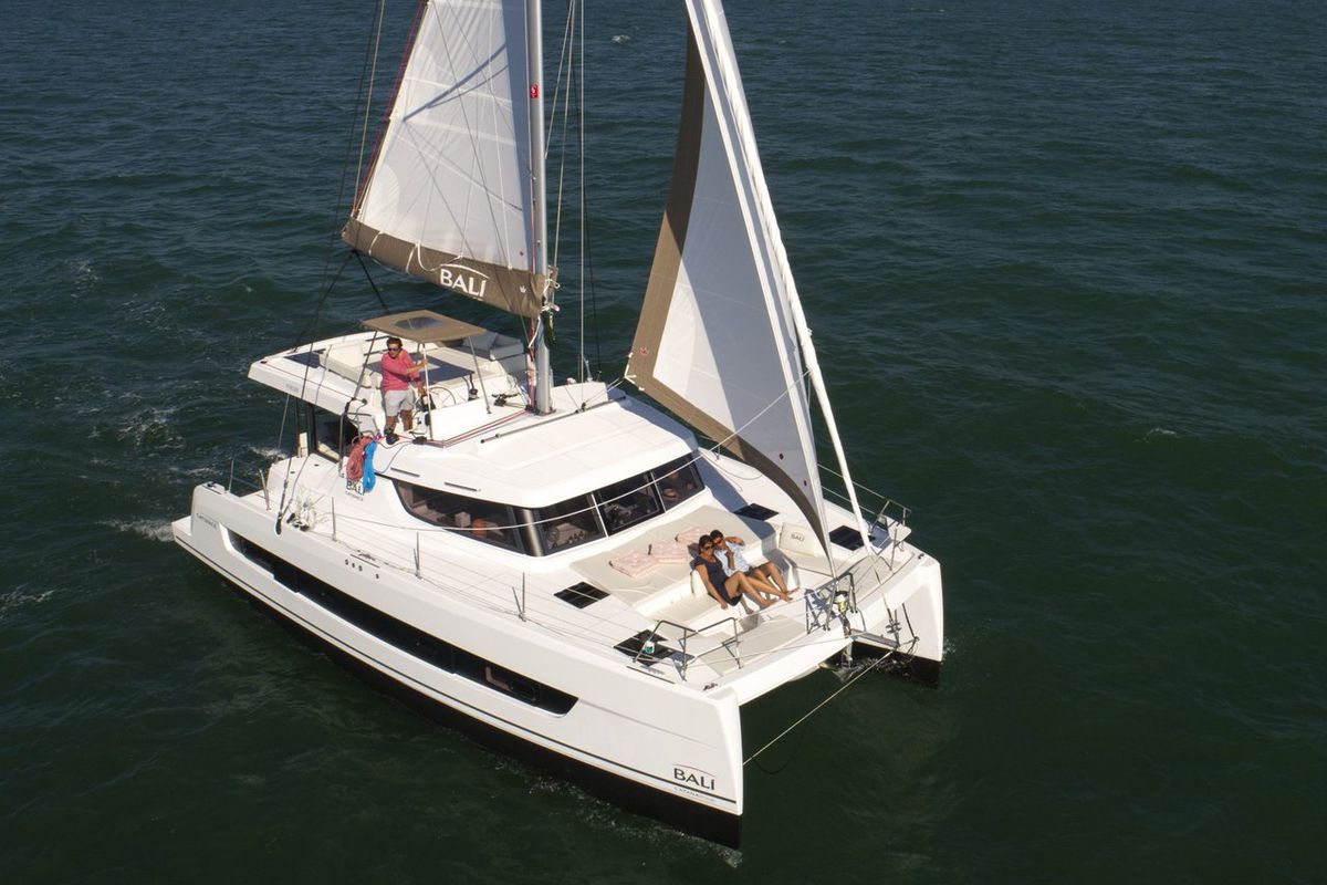 Exterior view of Perseids, a Bali Catspace catamaran at Kontokali, Greece