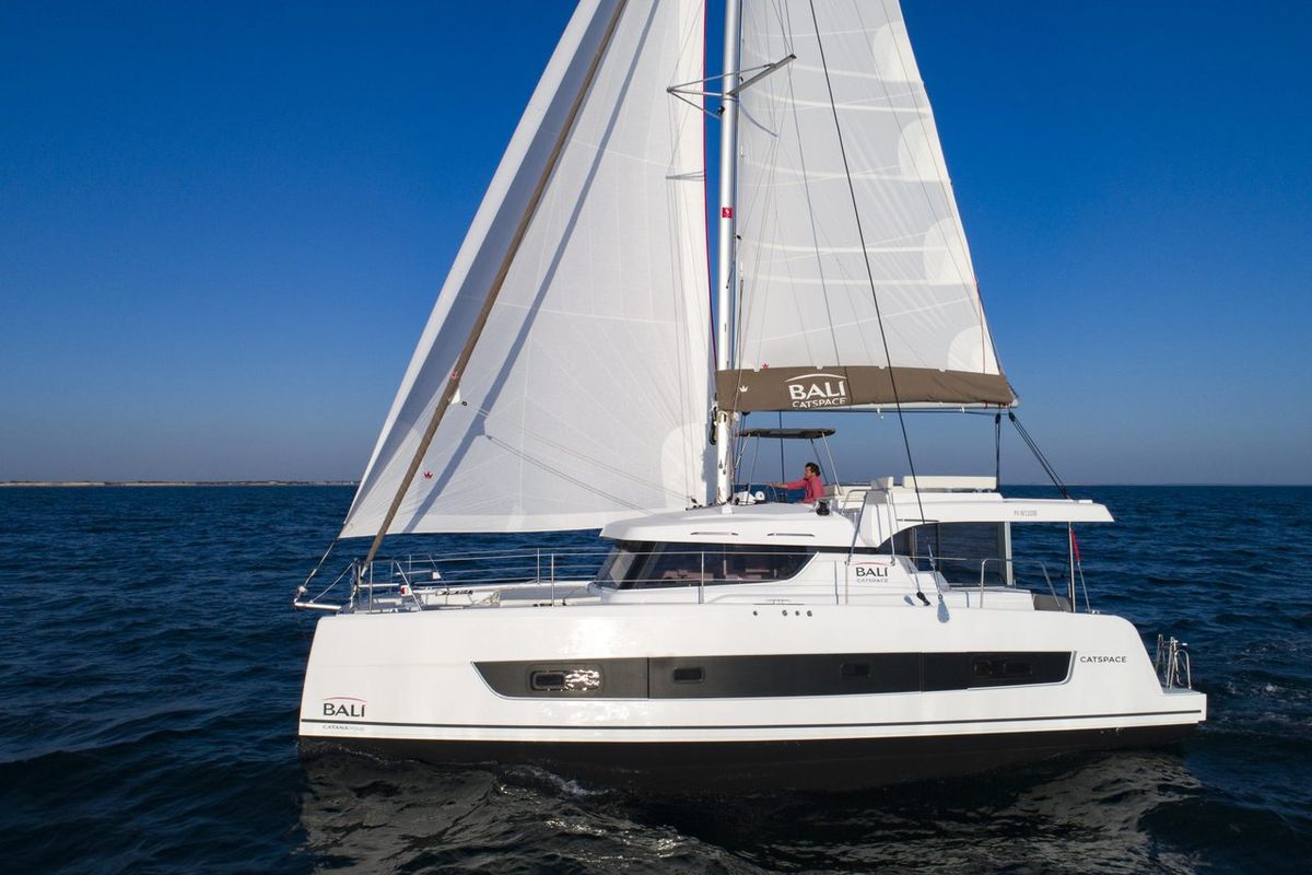Exterior view of Perseids, a Bali Catspace catamaran at Kontokali, Greece