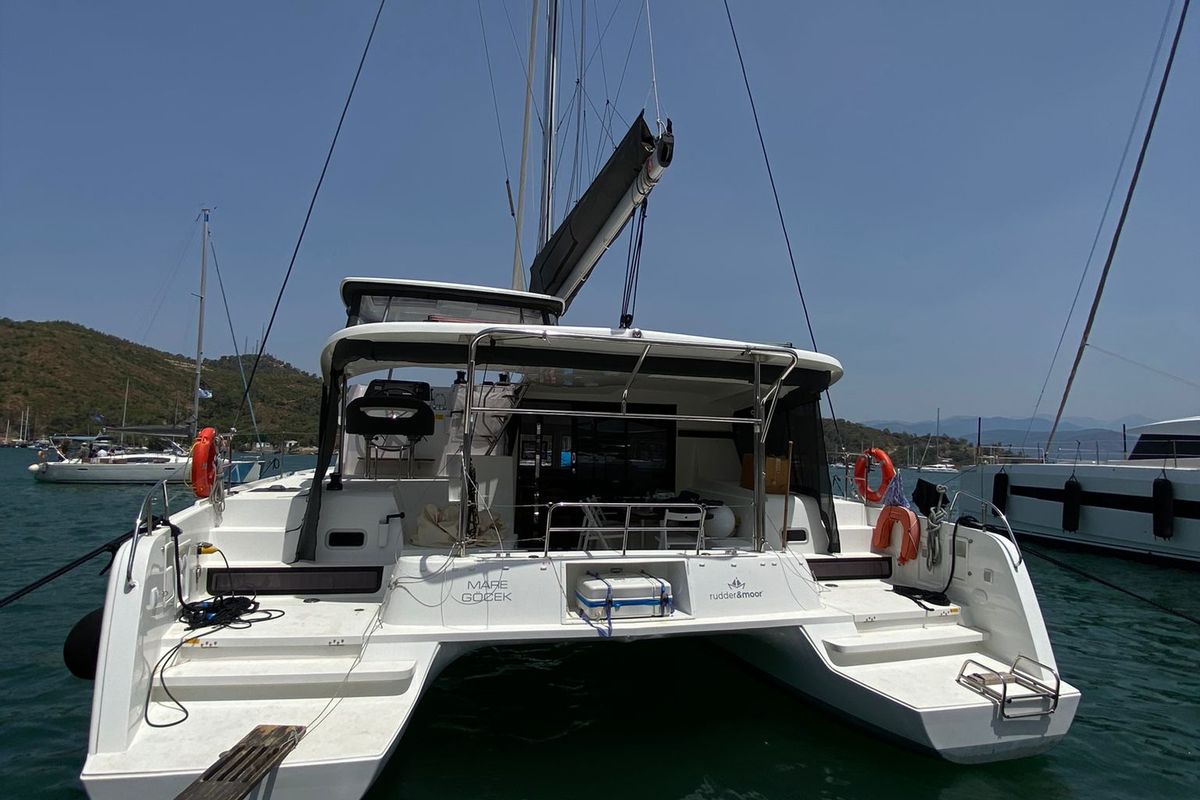 Exterior view of Mare, a Lagoon 42 catamaran at Marmaris, Turkey