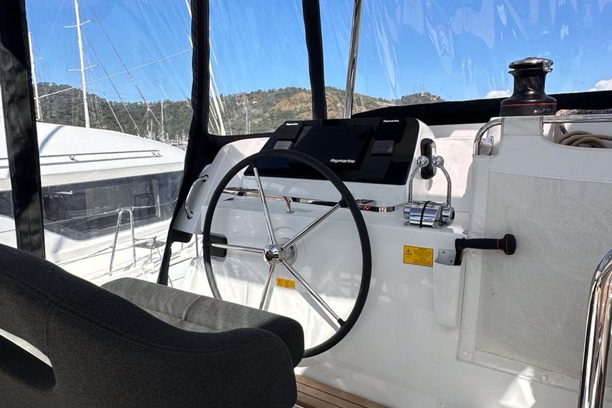 Cockpit of Mare, a Lagoon 42 catamaran at Marmaris, Turkey