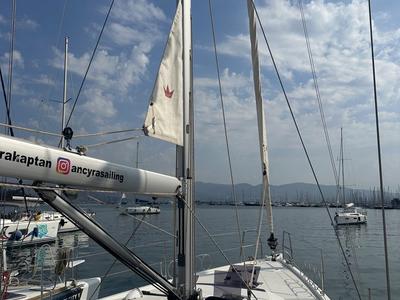 Deck of Enki, a Dufour 430 sailboat at Fethiye, Turkey