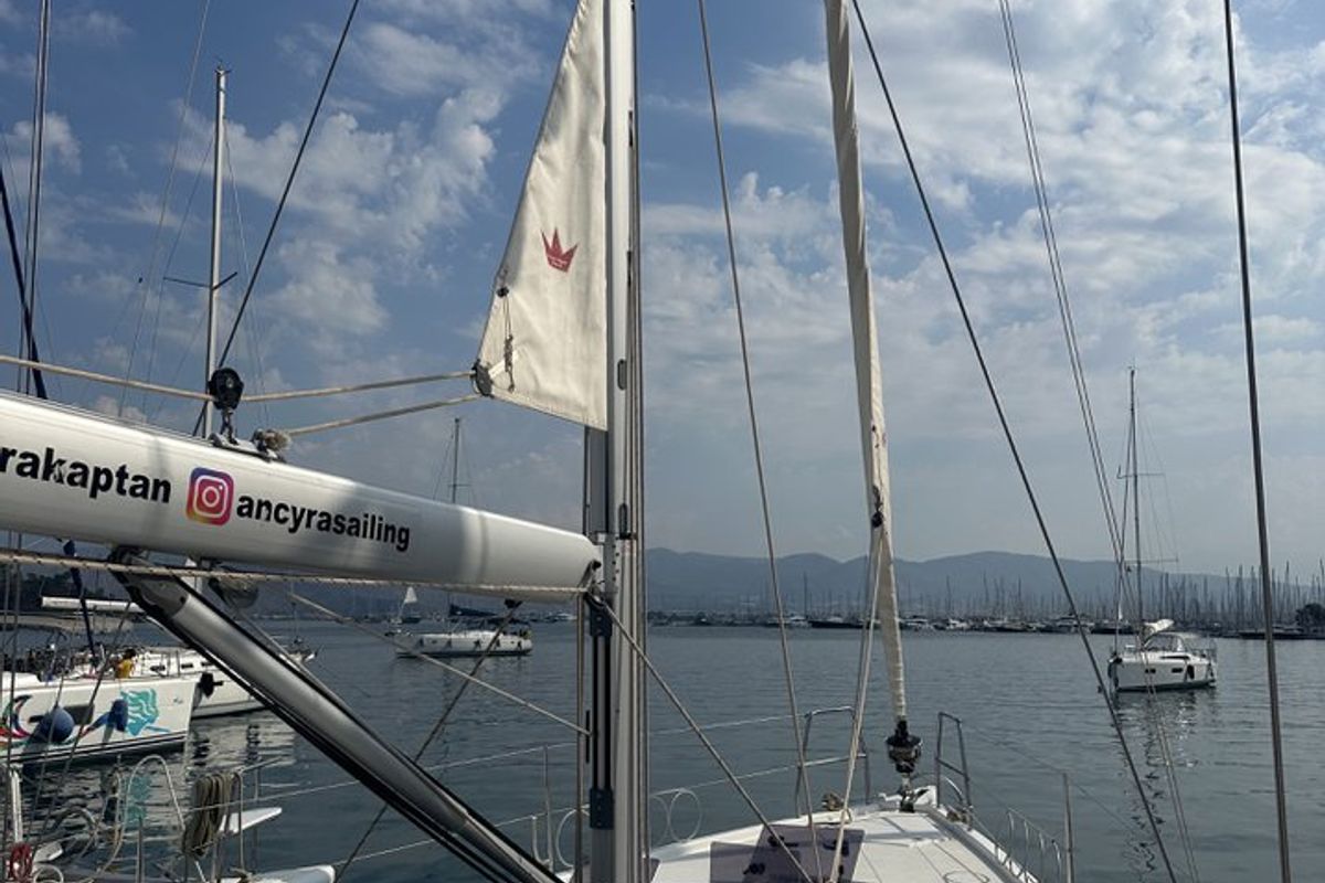 Deck of Enki, a Dufour 430 sailboat at Fethiye, Turkey