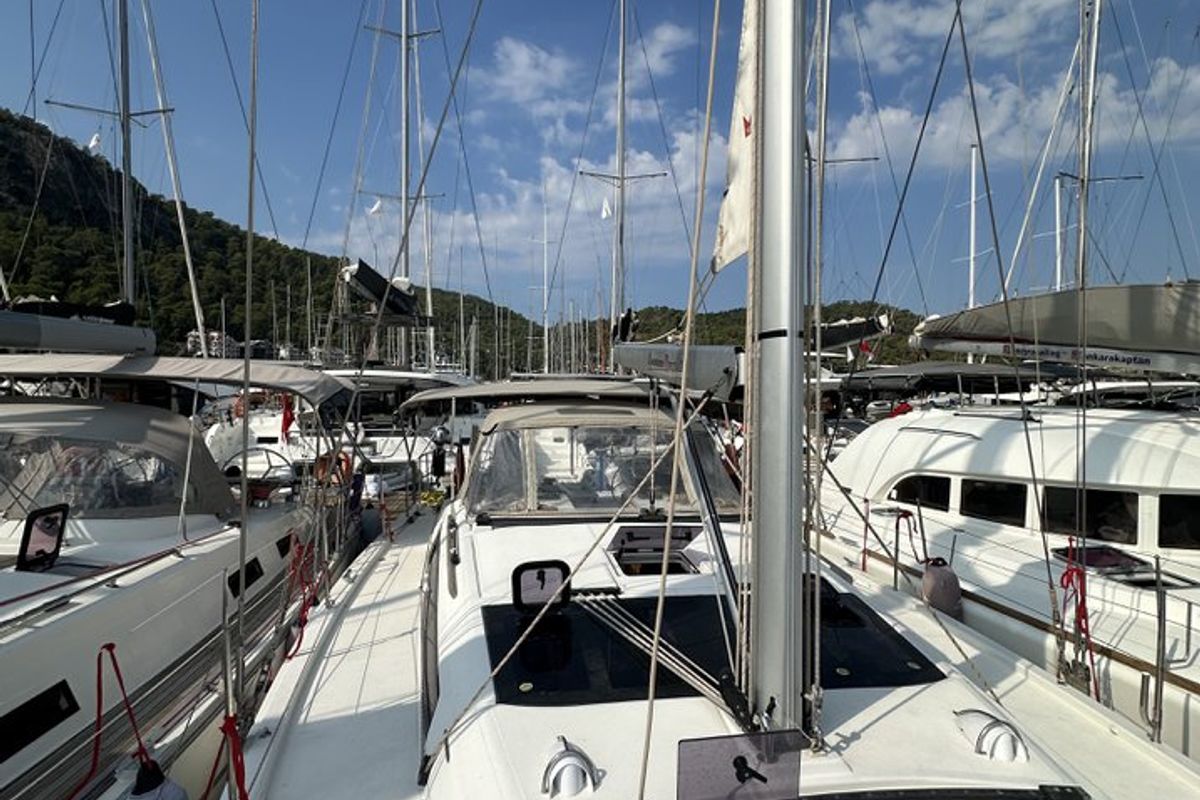 Deck of Enki, a Dufour 430 sailboat at Fethiye, Turkey