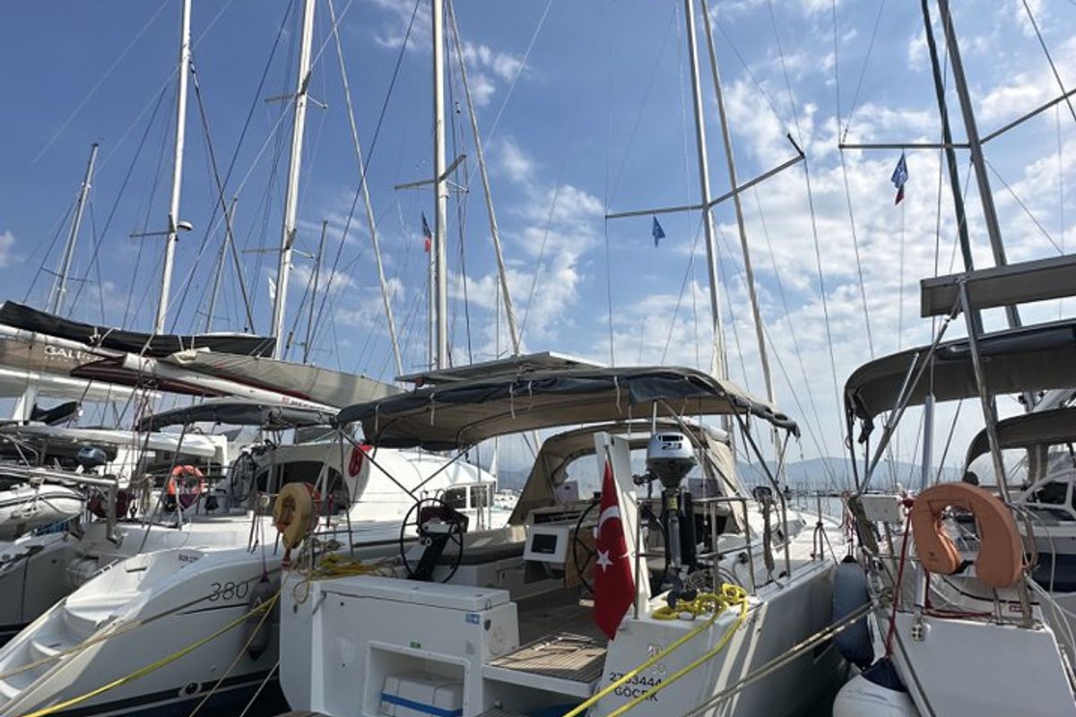 Exterior view of Enki, a Dufour 430 sailboat at Fethiye, Turkey