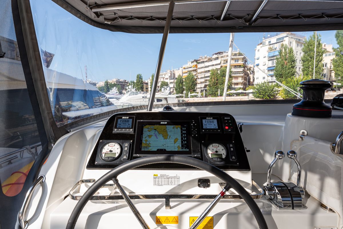 Cockpit of Idal, a Lagoon 42 catamaran at Municipal Unit of Lefkada, Greece