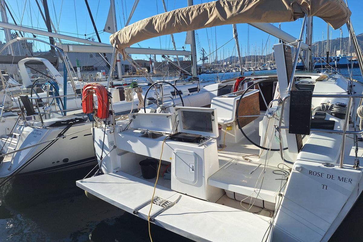 Deck of Rose De Mer, a Dufour 412 GL sailboat at Toulon, France