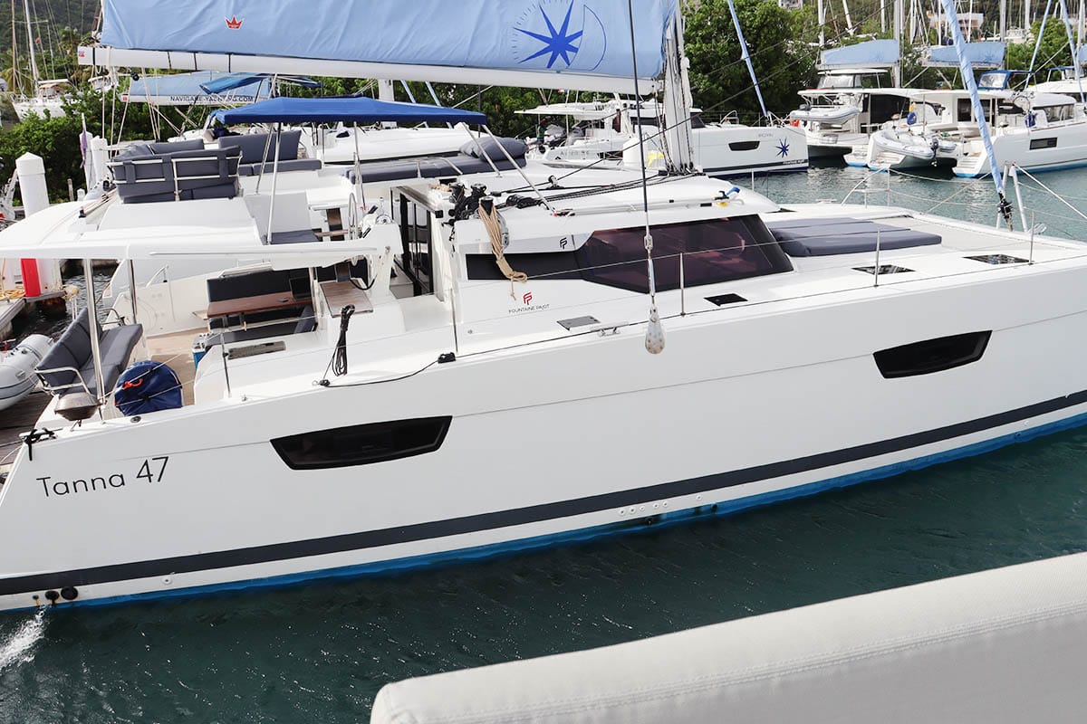 Exterior view of Instigator, a Fountaine Pajot Tanna 47 catamaran at Road Town, British Virgin Islands