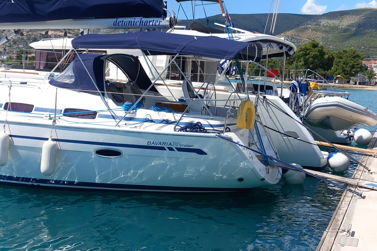 Exterior view of Eowyn G, a Bavaria 39 Cruiser sailboat at Grad Trogir, Croatia