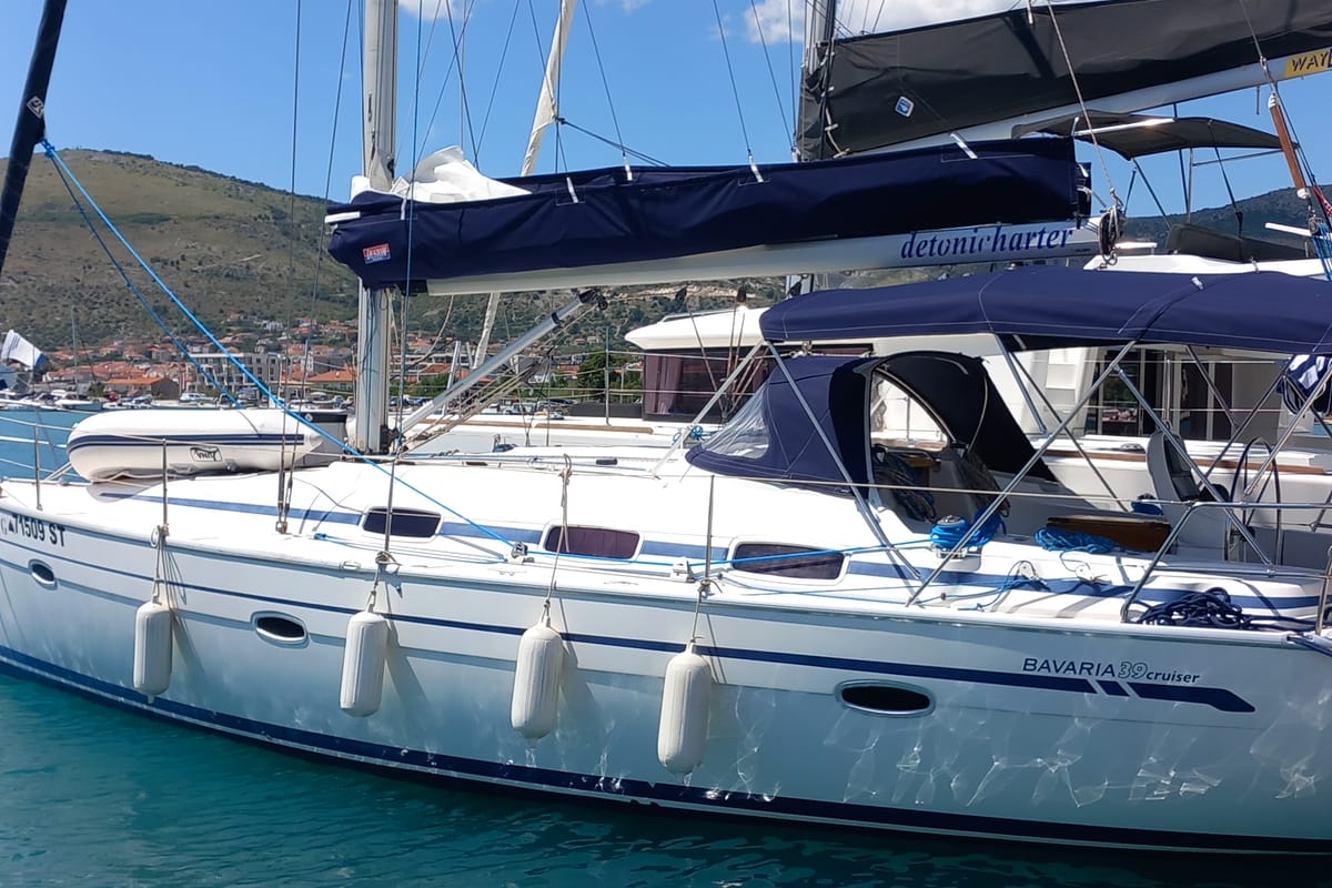 Exterior view of Eowyn G, a Bavaria 39 Cruiser sailboat at Grad Trogir, Croatia