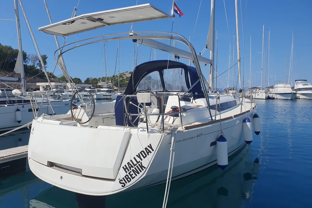 Exterior view of Hallyday, a Jeanneau Sun Odyssey 449 sailboat at Općina Sukošan, Croatia