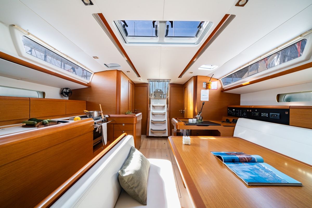 Galley of Juicy Lucy, a Jeanneau Sun Odyssey 519 sailboat at Municipal Unit of Nea Peramos, Greece