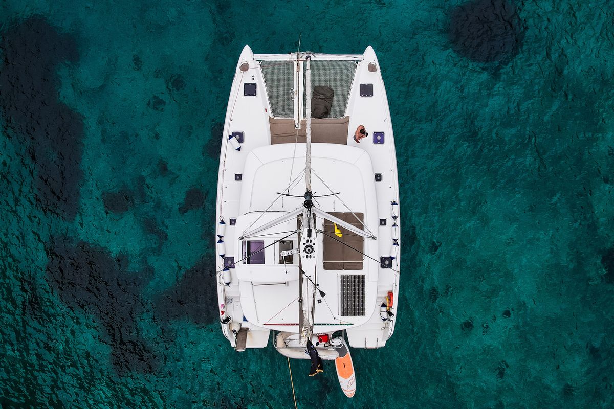 Exterior view of Premium, a Lagoon 42 catamaran at Municipal Unit of Lefkada, Greece