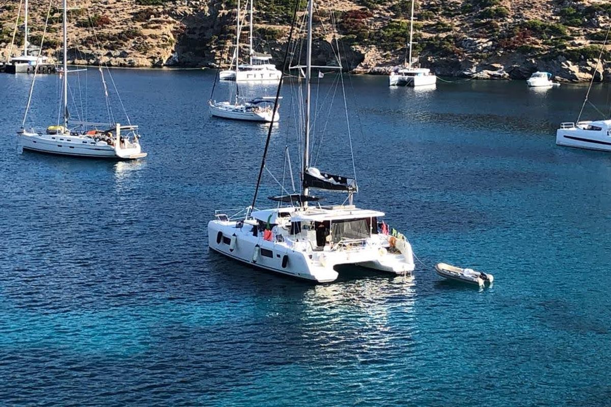 Exterior view of Premium, a Lagoon 42 catamaran at Municipal Unit of Lefkada, Greece