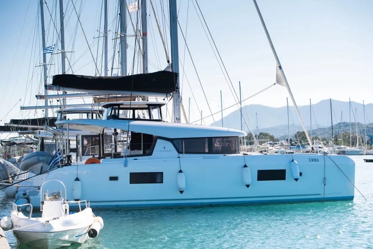 Exterior view of Premium, a Lagoon 42 catamaran at Municipal Unit of Lefkada, Greece