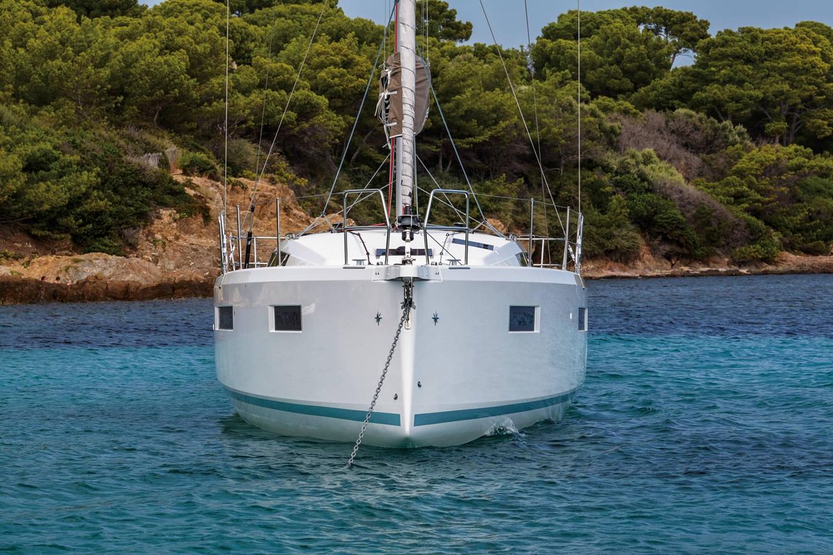 Exterior view of Martha, a Jeanneau Sun Odyssey 410 sailboat at Municipal Unit of Lefkada, Greece
