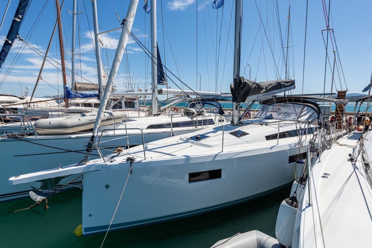 Exterior view of Martha, a Jeanneau Sun Odyssey 410 sailboat at Municipal Unit of Lefkada, Greece